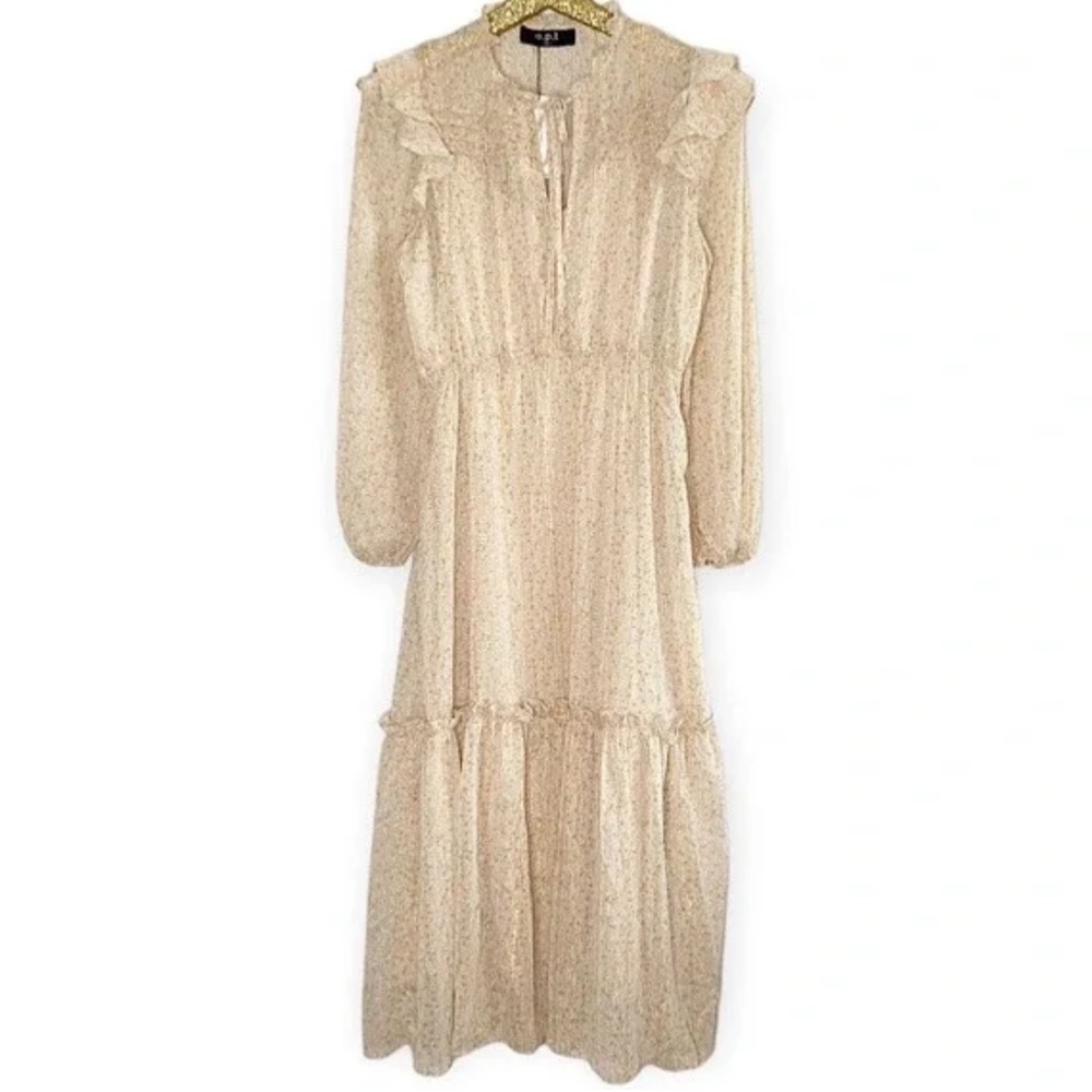 O.P.T. Chiffon Prairie Midi Dress Floral Tiered Cream Beige Gold Metallic XS